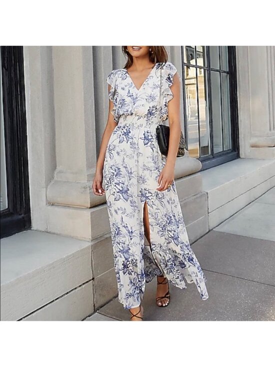 Express Dresses & Skirts - Express Printed V-Neck Ruffle Maxi Dress